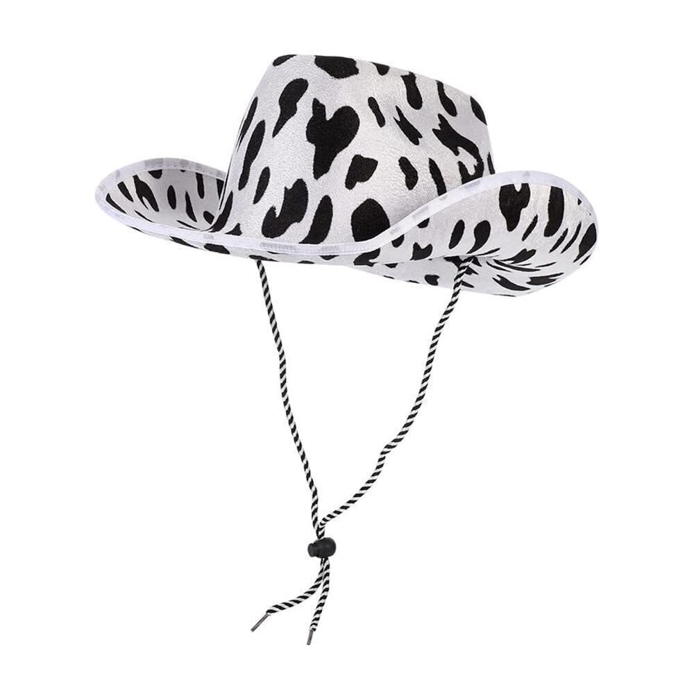 2889 Cow Print Cowboy Hat White and Black Felt Hat with Adjustable Lanyard